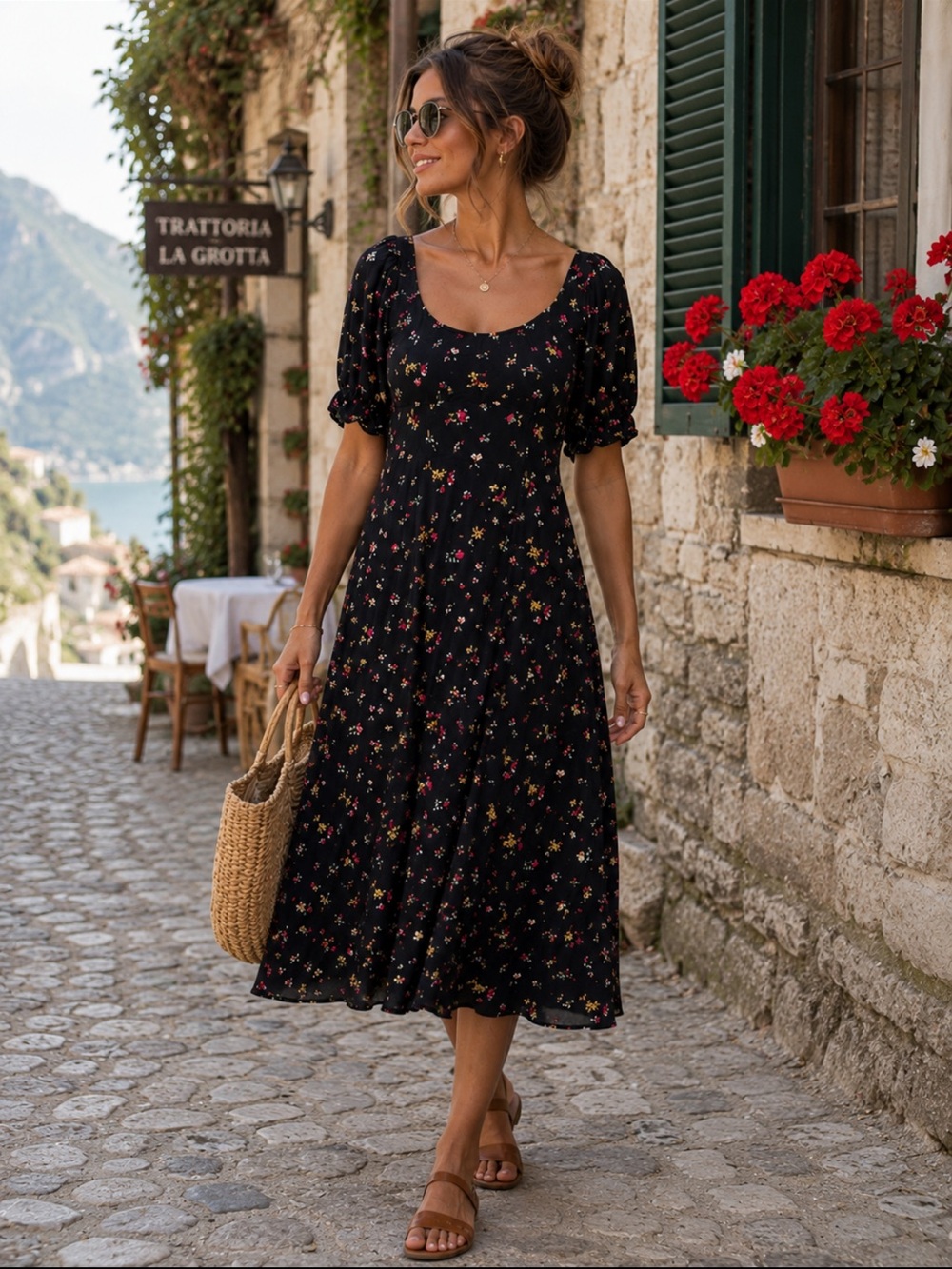Old Navy Black Floral Puff Sleeve Smocked Midi Dress XL - Picture 2 of 8